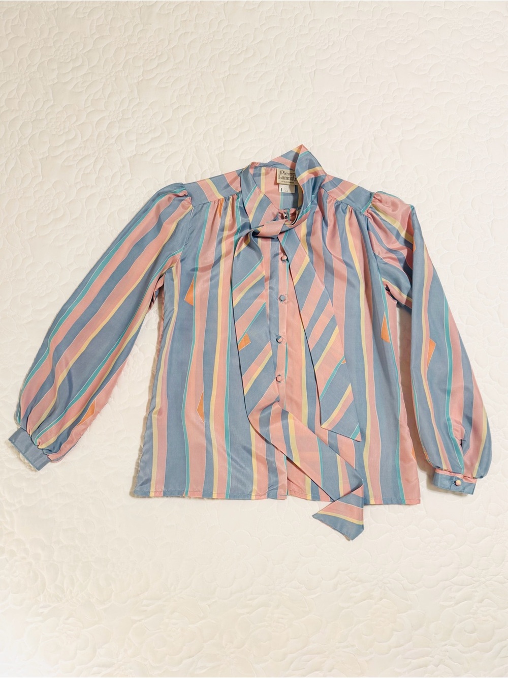 VINTAGE 1970’s Pierre Lamonte of California Pastel Striped Neck Bow Blouse